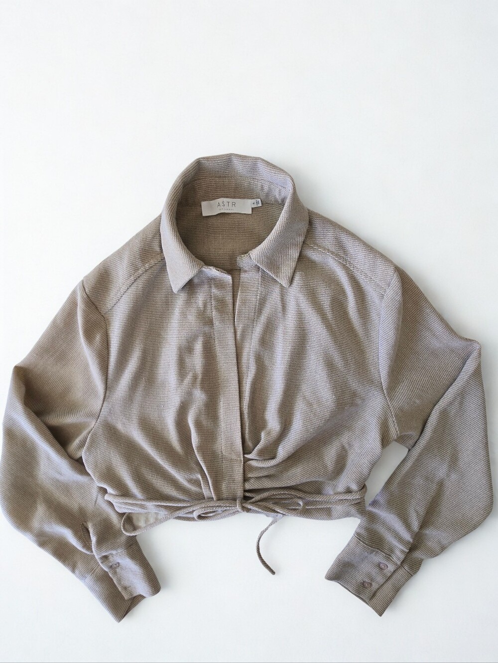 ASTR The Label Linen Blend Tie Front Cropped Shirt Taupe S
